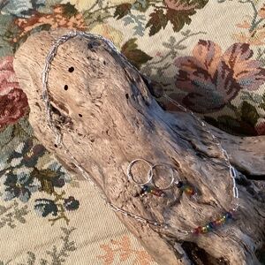 All Natural Rainbow Gemstone / Silver Chain Choker Necklace / Hoop Earrings Set